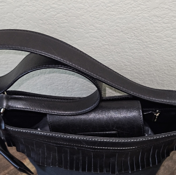 Escada Black Canvas FRINGE Leather Trim Shoulder Bag Interior Snap Closure Inter - Picture 12 of 16